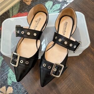 Vero Cuoio Black Leather Pointed Flats with Silver Buckles Made in Italy  9.5